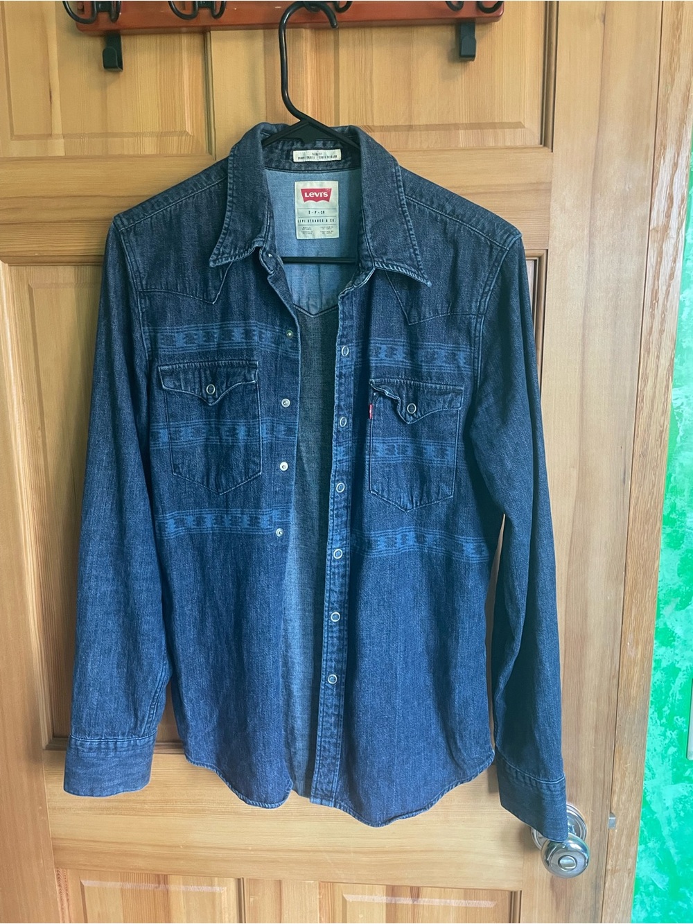 Levi's Dark Blue Denim Western Shirt with Print, Sz S slim cut